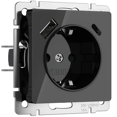 Изображение Розетка с заземлением, шторками и USB тип A+C (черный акрил) W1171748