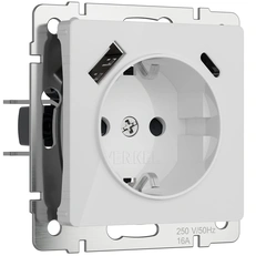 Изображение Розетка с заземлением, шторками и USB тип A+C (белый акрил) W1171741